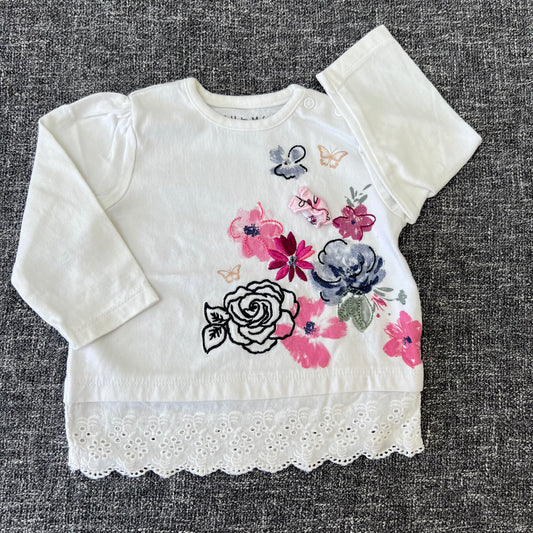 Girls 6-9 Month White Long Sleeved Top With Flower Motif