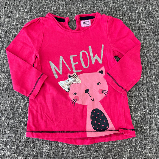 Girls 6-9 Month Pink "Meow" Cat Motif Long Sleeved Top