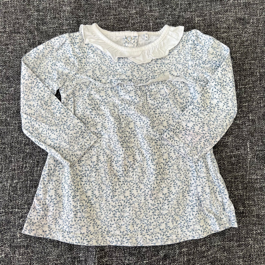 Girls 6-9 Month White Long Sleeved Top With Blue Floral Pattern