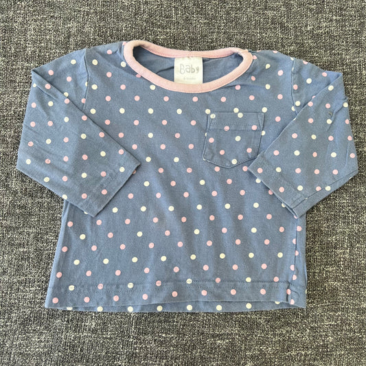 Girls 6-9 Month Blue Long Sleeved Top With Pink & White Spots