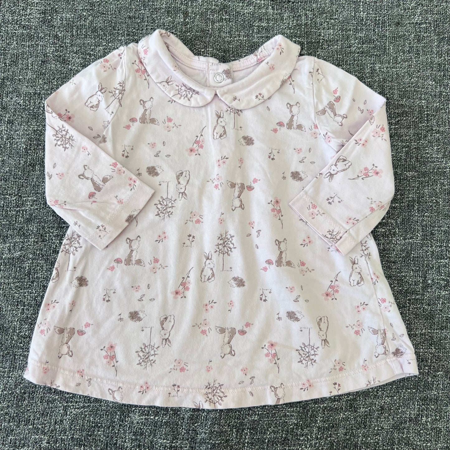 Girls 6-9 Month Pink Bunny & Hedgehog Print Long Sleeved Top With Peter Pan Collar