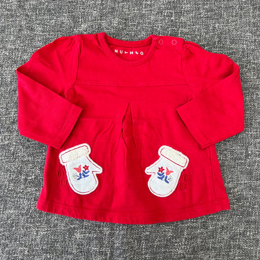 Girls 6-9 Month Red Long Sleeved Top With Appliquéd White Mittens