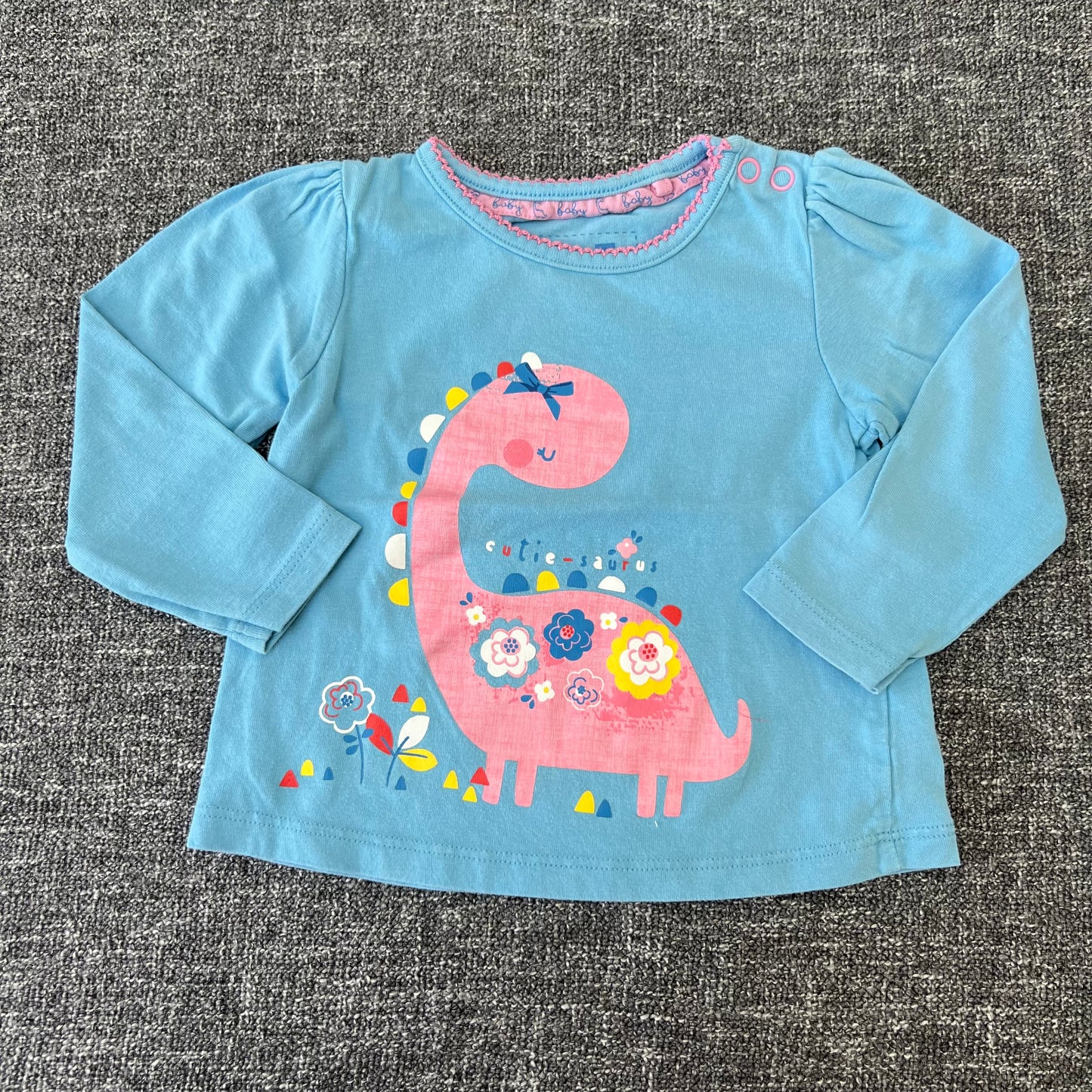 Girls 6-9 Month Blue Long Sleeved Top With Large Pink Dinosaur Motif