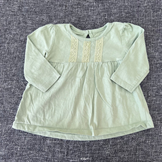 Girls 6-9 Month Plain Green Long Sleeved Top With Lace Decoration