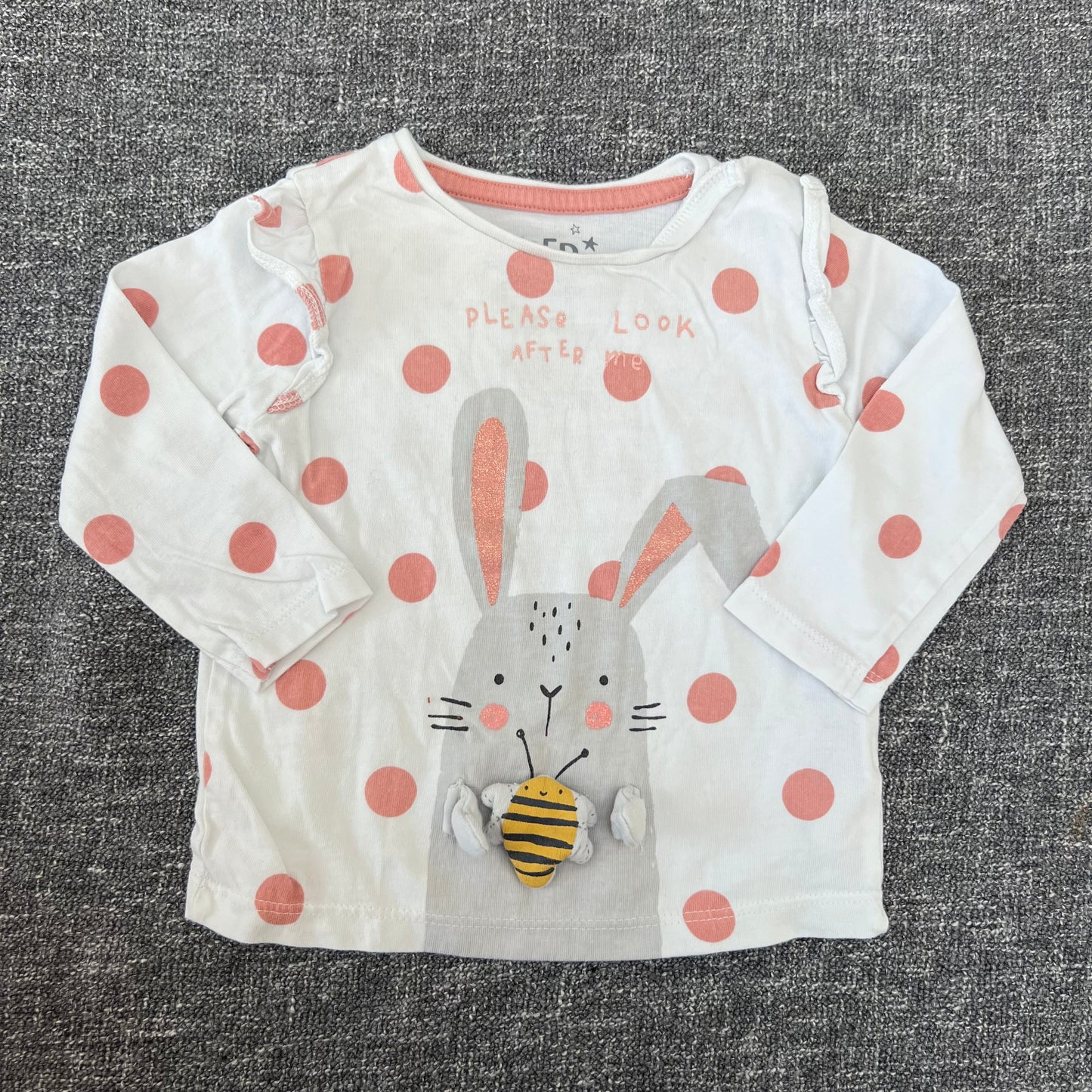 Girls 6-9 Month White With Pink Spots "Please Look After Me" Bunny Long Sleeved Top