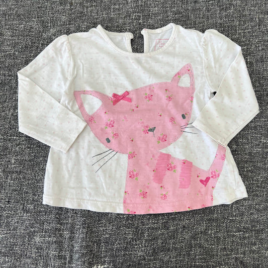 Girls 6-9 Month White Long Sleeved Top With Large Pink Cat Motif