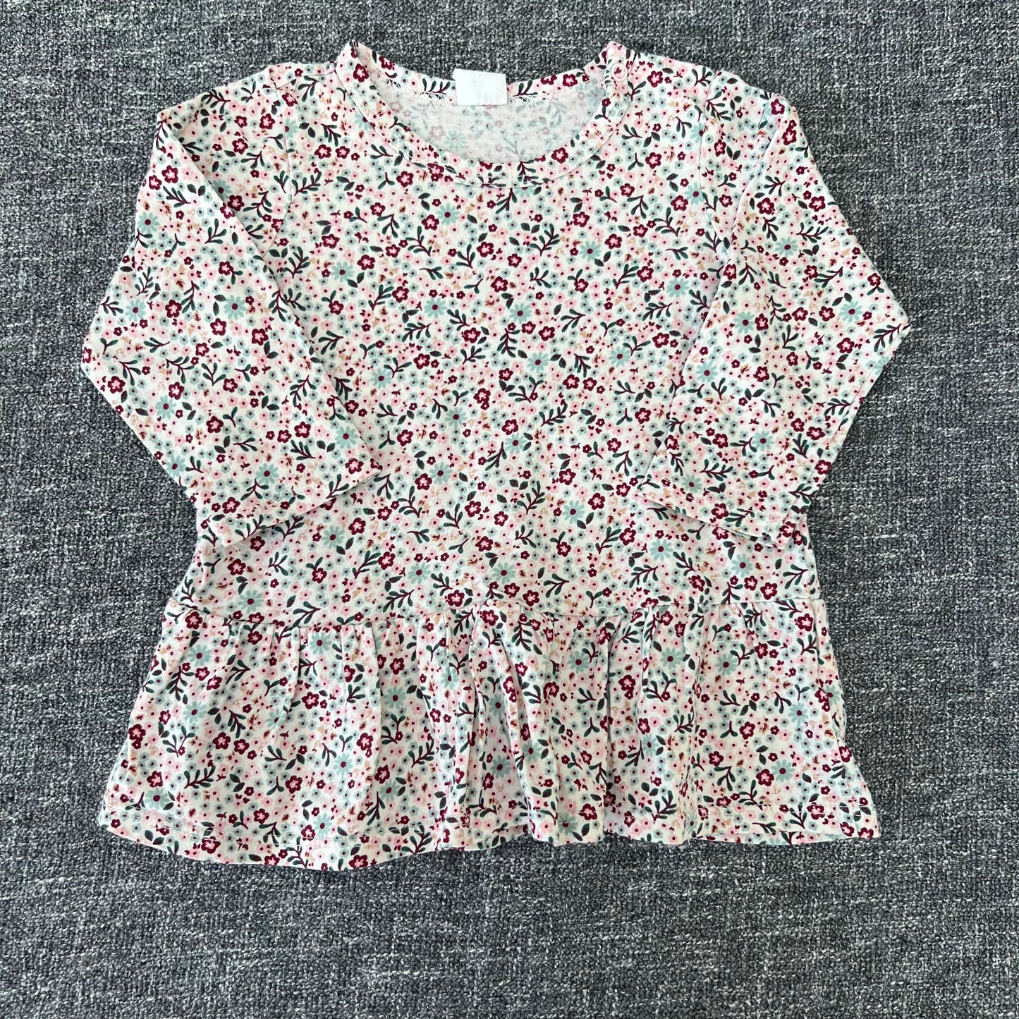 Girls 6-9 Month White & Burgundy Floral Print Long Sleeved Top