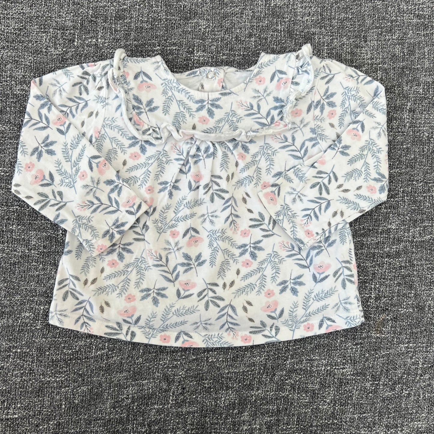 Girls 6-9 Month White Long Sleeved Top With Blue Floral Pattern