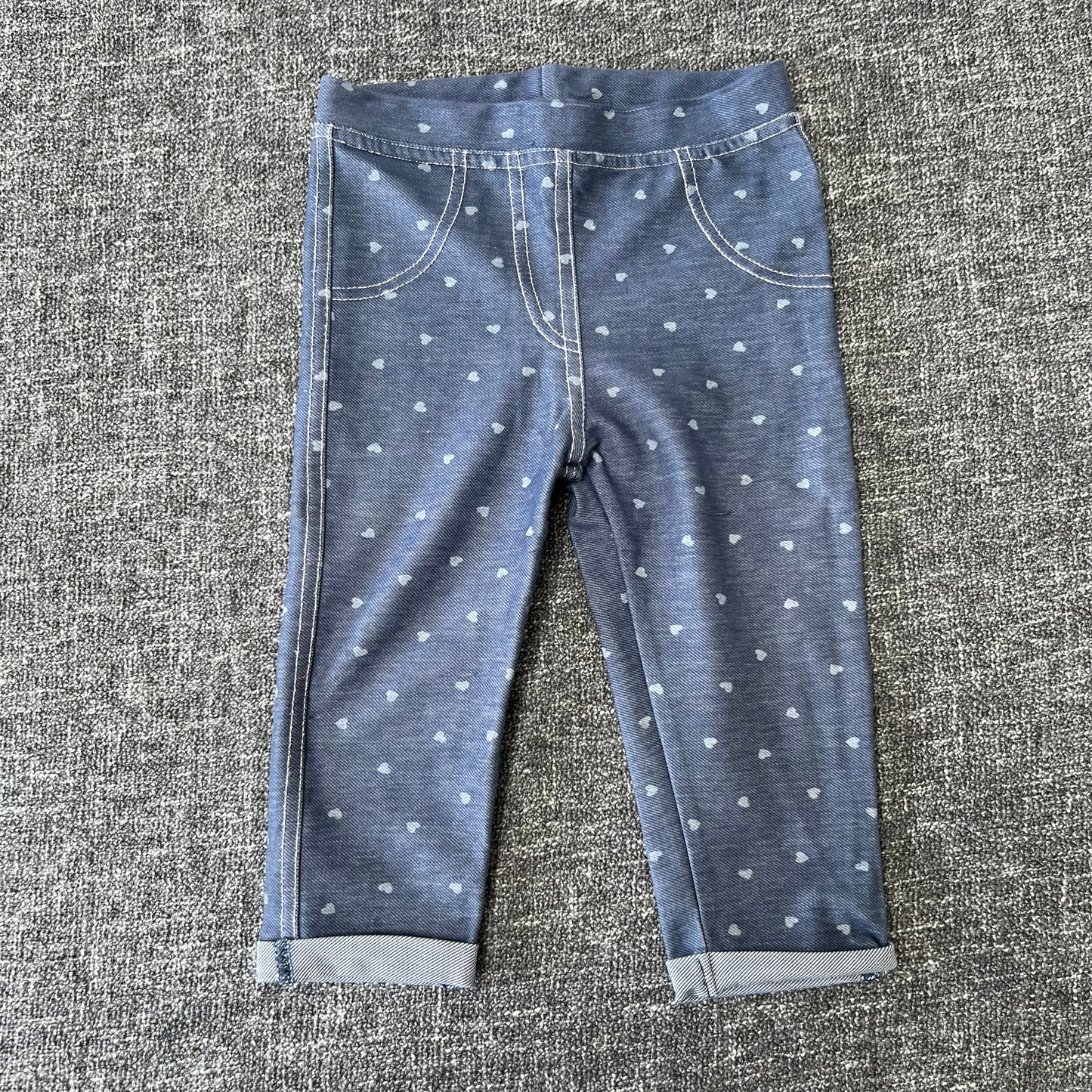 Girls 6-9 Month Blue Denim Style Leggings With Pale Blue Heart Pattern