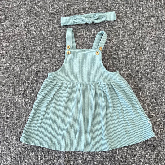 Girls 6-9 Month Green Ribbed Pinafore Dress & Matching Headband