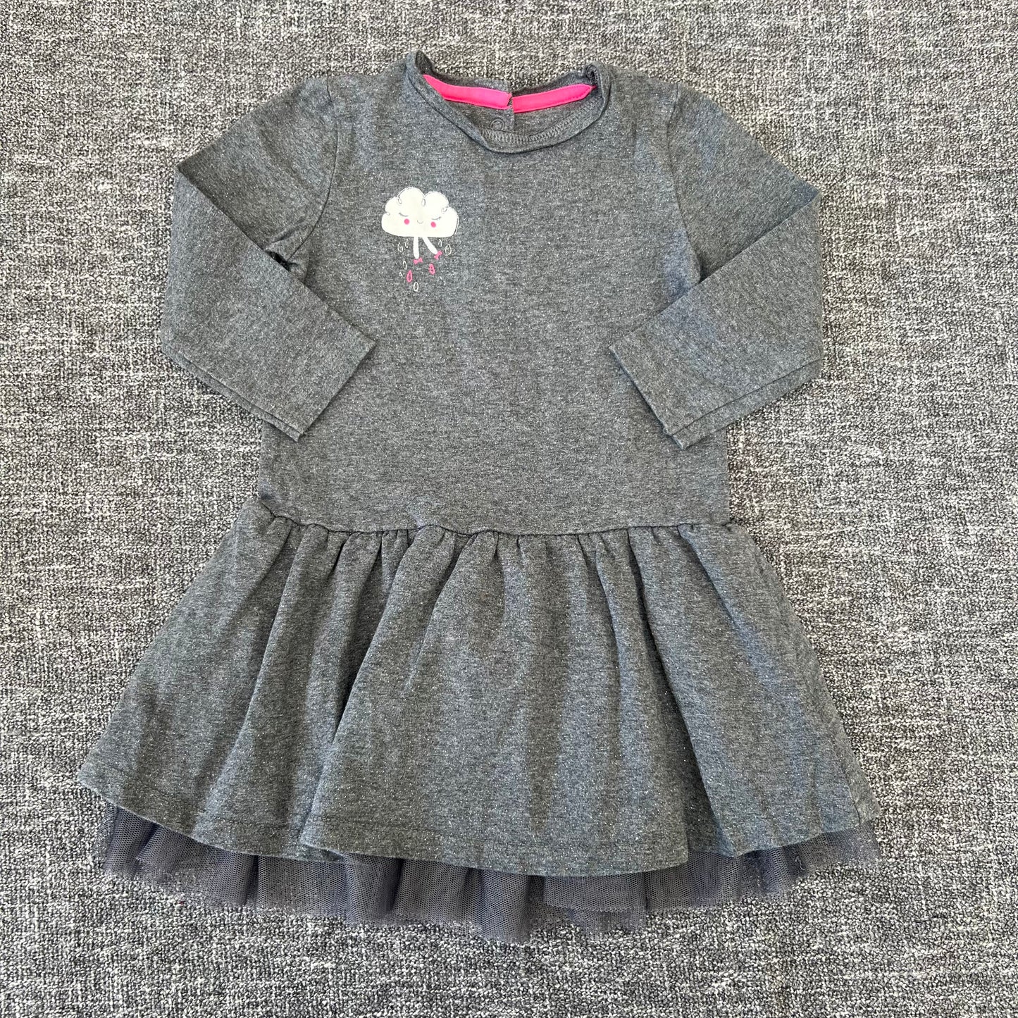 Girls 6-9 Month Grey & Silver Long Sleeved Dress With Cloud Motif