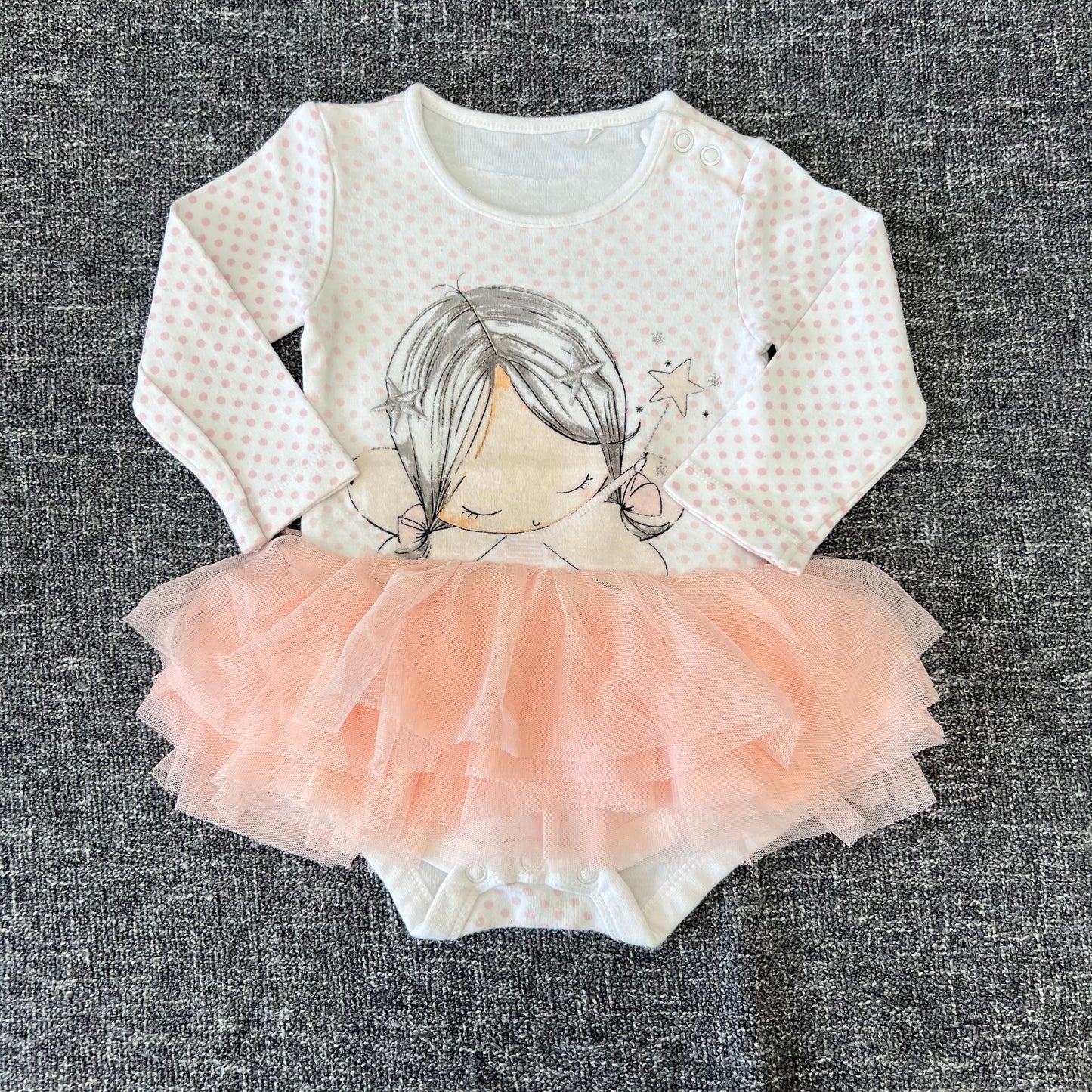 Girls 6-9 Month White & Peach Spot Fairy Long Sleeved Bodysuit Dress With Tule Skirt