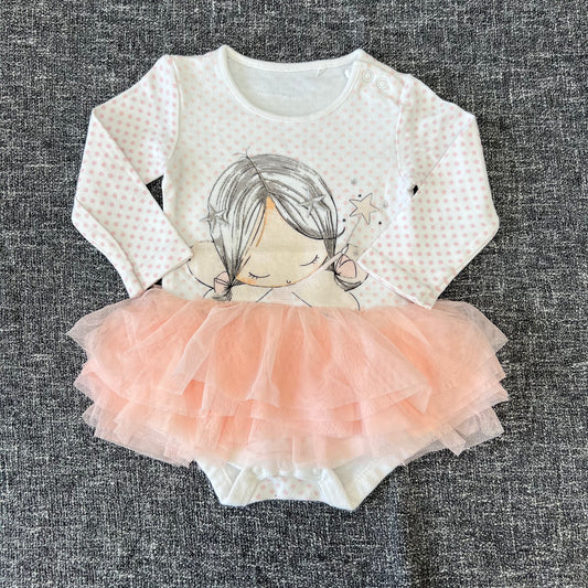 Girls 6-9 Month White & Peach Spot Fairy Long Sleeved Bodysuit Dress With Tule Skirt