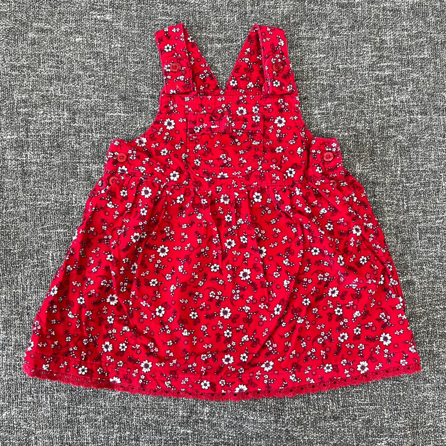 Girls 6-9 Month Red Cord Pinafore Dress With White Floral Print