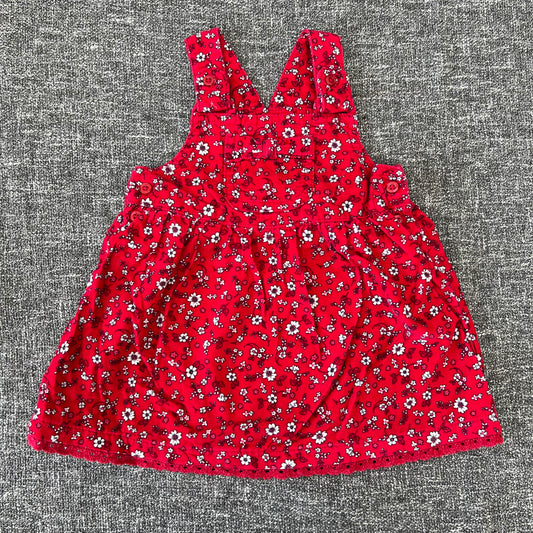 Girls 6-9 Month Red Cord Pinafore Dress With White Floral Print