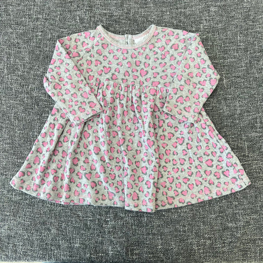 Girls 6-9 Month Grey Long Sleeved Dress With Heart Shaped Leopard Print Style Print