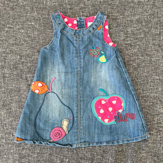 Girls 6-9 Month Blue Denim Pinafore Dress With Fruit Embroidery