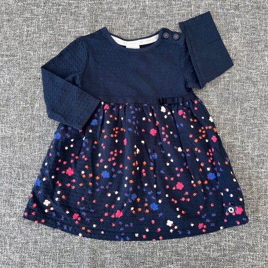 Girls 6-9 Month Navy Blue Long Sleeved Dress With Floral Print On The Skirt