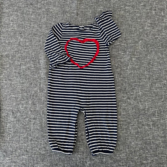 Girls 6-9 Month Blue & White Striped Romper With Red Heart Motif