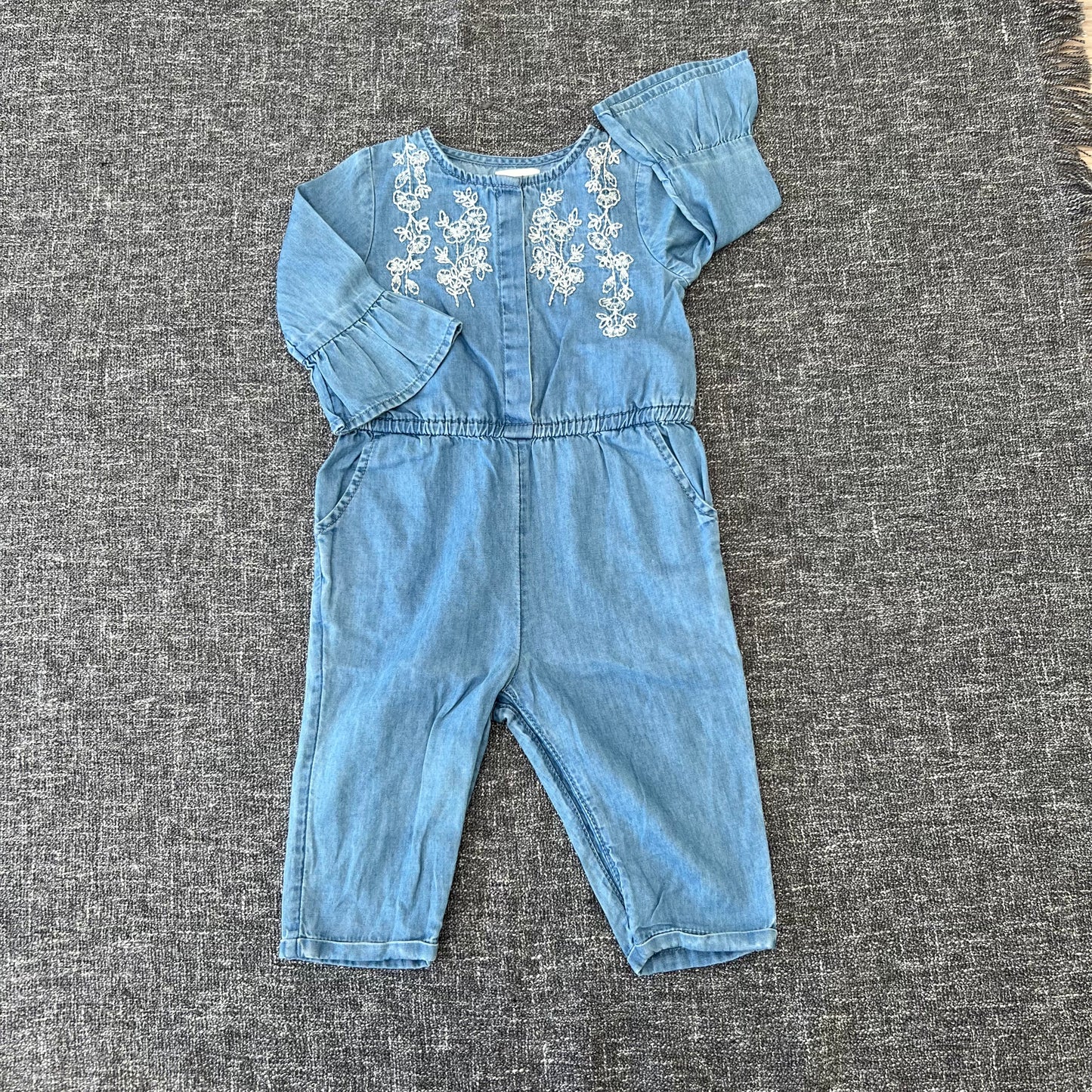 Girls 6-9 Month Blue Romper With White Floral Embroidery