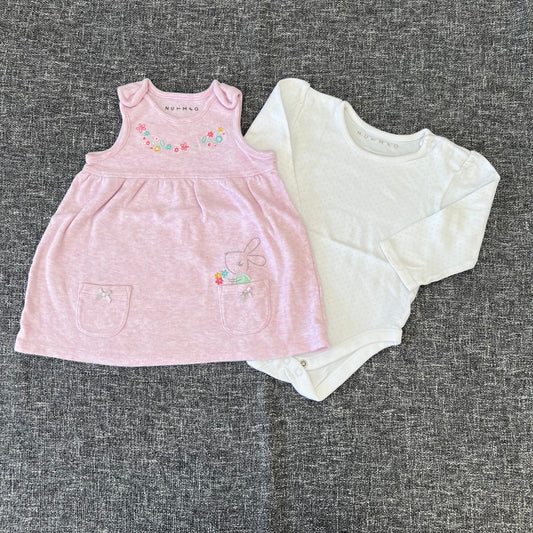 Girls 6-9 Month Pink & White Dress & Long Sleeved Bodysuit Outfit