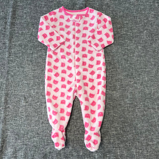 Girls 6-9 Month Pink Cat Patterned Zip Front Fleece Sleepsuit