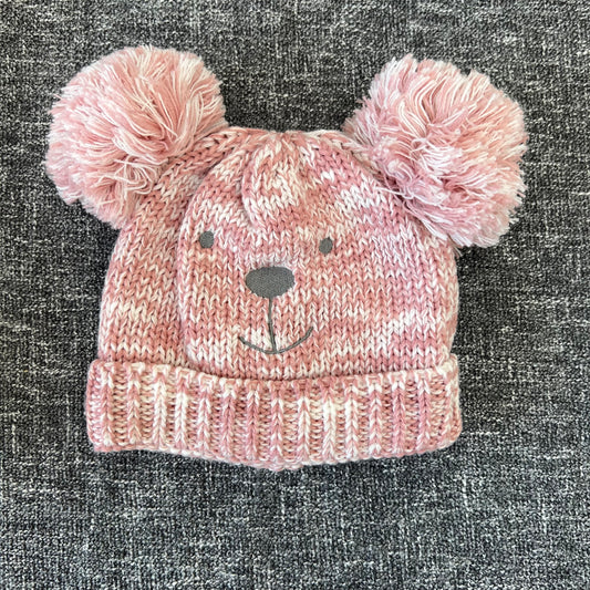 Girls 6-9 Month Pink & White Knitted Bobble Hat With Bear Face