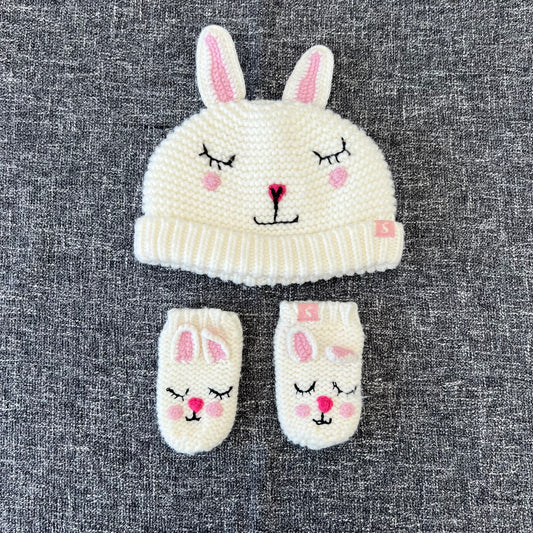 Girls 6-9 Month Cream Rabbit Faced Knitted Hat With Matching Mittens