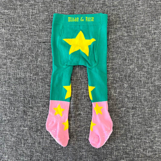 Girls 6-9 Month "Blade & Rose" Green & Pink Tights With Yellow Stars