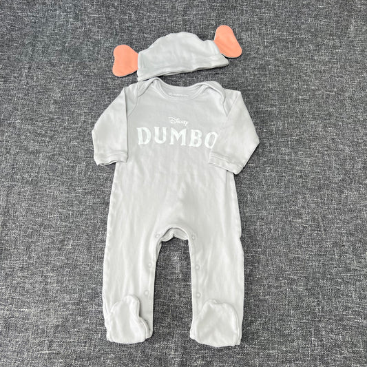 Boys / Girls 9-12 Month Grey Disney Dumbo Sleepsuit & Hat Outfit (PIP)