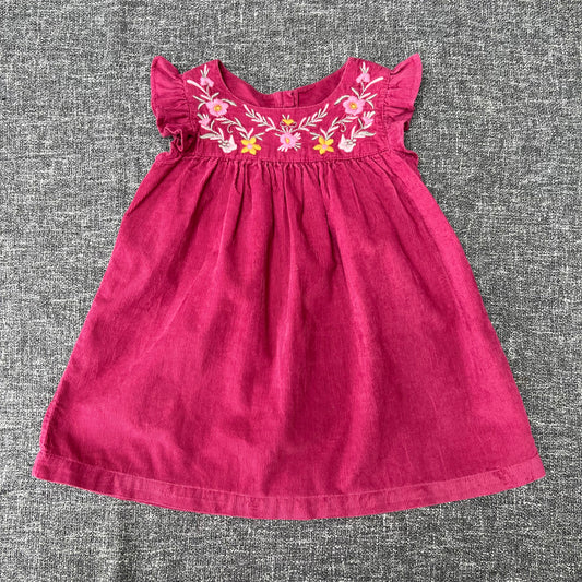 Girls 9-12 Month Raspberry Pink Cord Winter Dress With Flower Embroidery Around The Neck Line