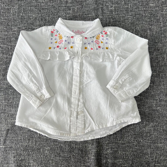 Girls 6-9 Month White Long Sleeved Shirt With Floral Embroidery