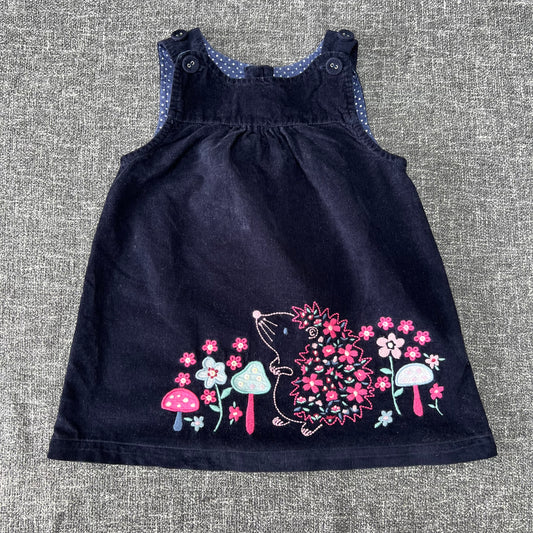 Girls 6-9 Month Blue Cord Pinafore Dress With Large Embroidered Hedgehog Motif