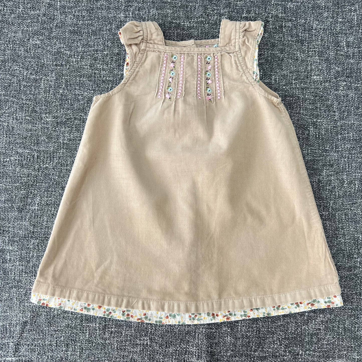 Girls 6-9 Month Beige Cord Dress With Floral Embroidery