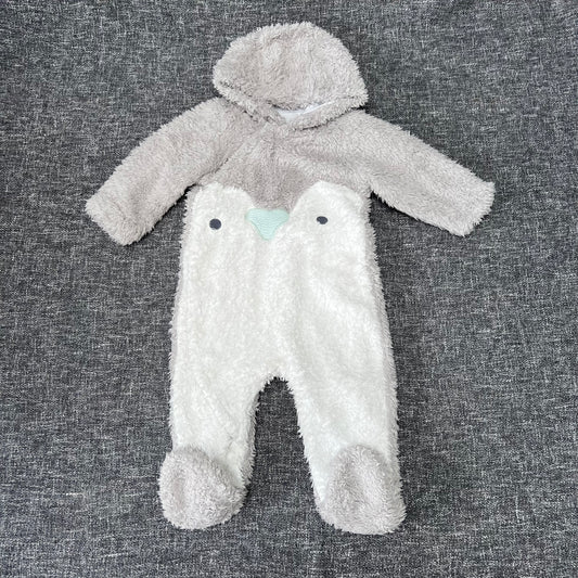 Boys 6-9 Month Grey & White Fluffy Penguin Snowsuit