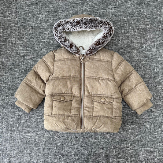 Boys 6-9 Month Brown Winter Coat With Faux Fur Trimmed Hood