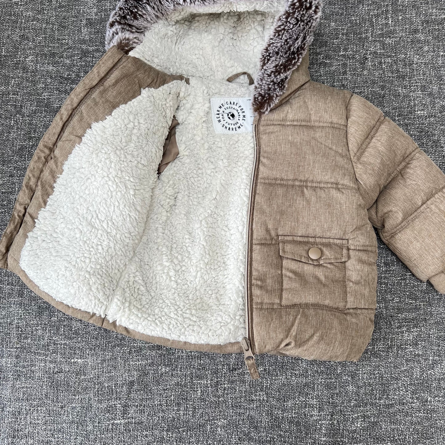 Boys 6-9 Month Brown Winter Coat With Faux Fur Trimmed Hood