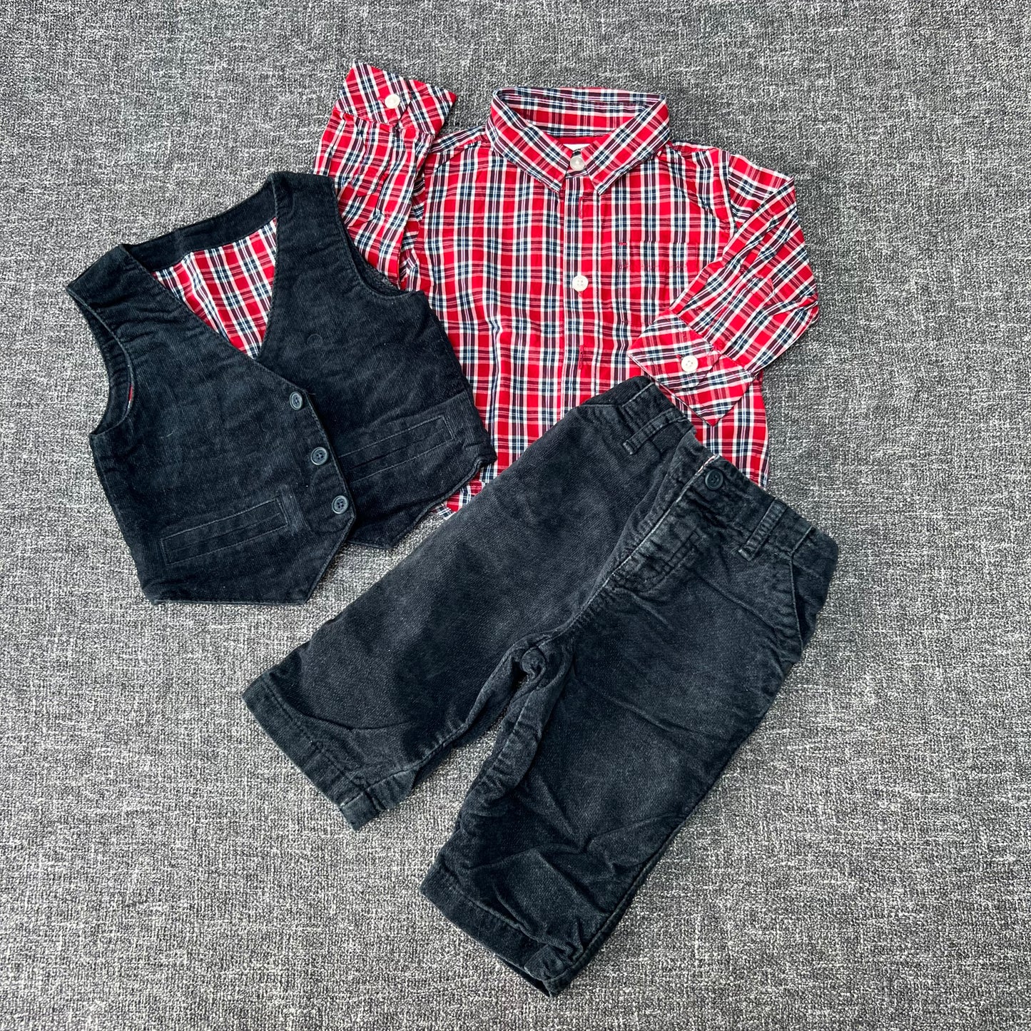 Boys 6-9 Month Blue & Red Soft Cord Shirt, Waistcoat & Trouser Set / Outfit