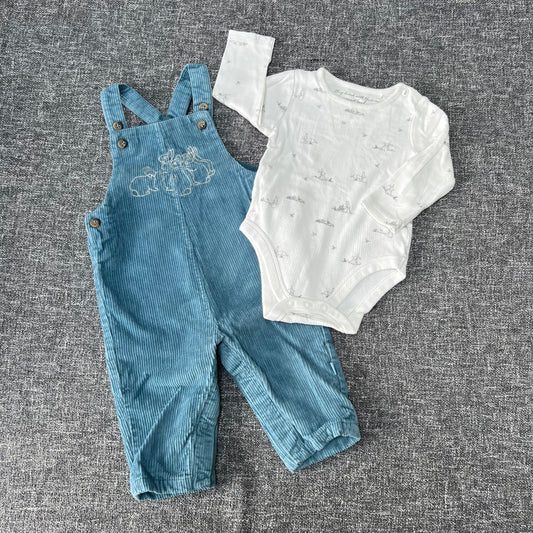 Boys 6-9 Month Blue  & White "Peter Rabbit"Cord Dungarees & Long Sleeved Bodysuit