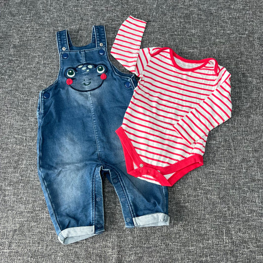 Boys 6-9 Month Blue Denim Frog Dungarees With Red & White Striped Long Sleeved Bodysuit Outfit