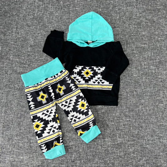 Boys 6-9 Month Black & Turquoise Geometric Print Hoodie & Leggings Outfit