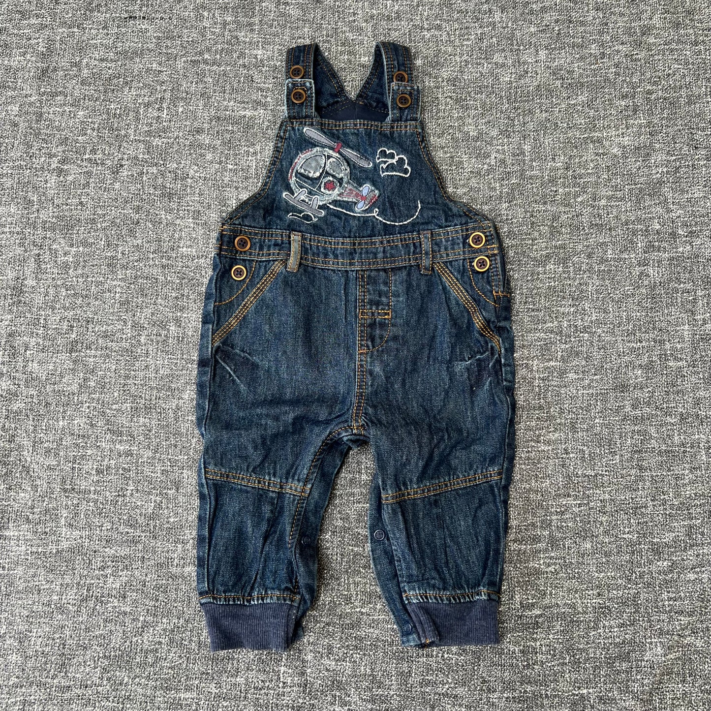 Boys 6-9 Month Dark Blue Fully Lined Dungarees With Embroidered Helicopter Motif