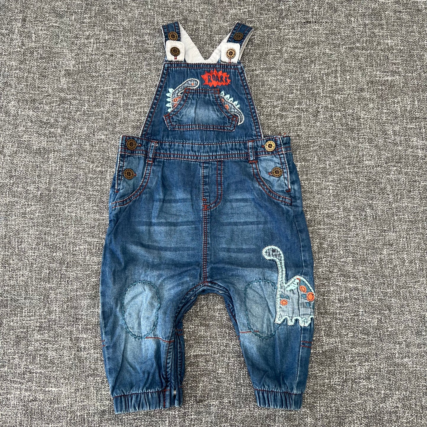 Boys 6-9 Month Blue Fully Lined "Roar" Dinosaur Dungarees