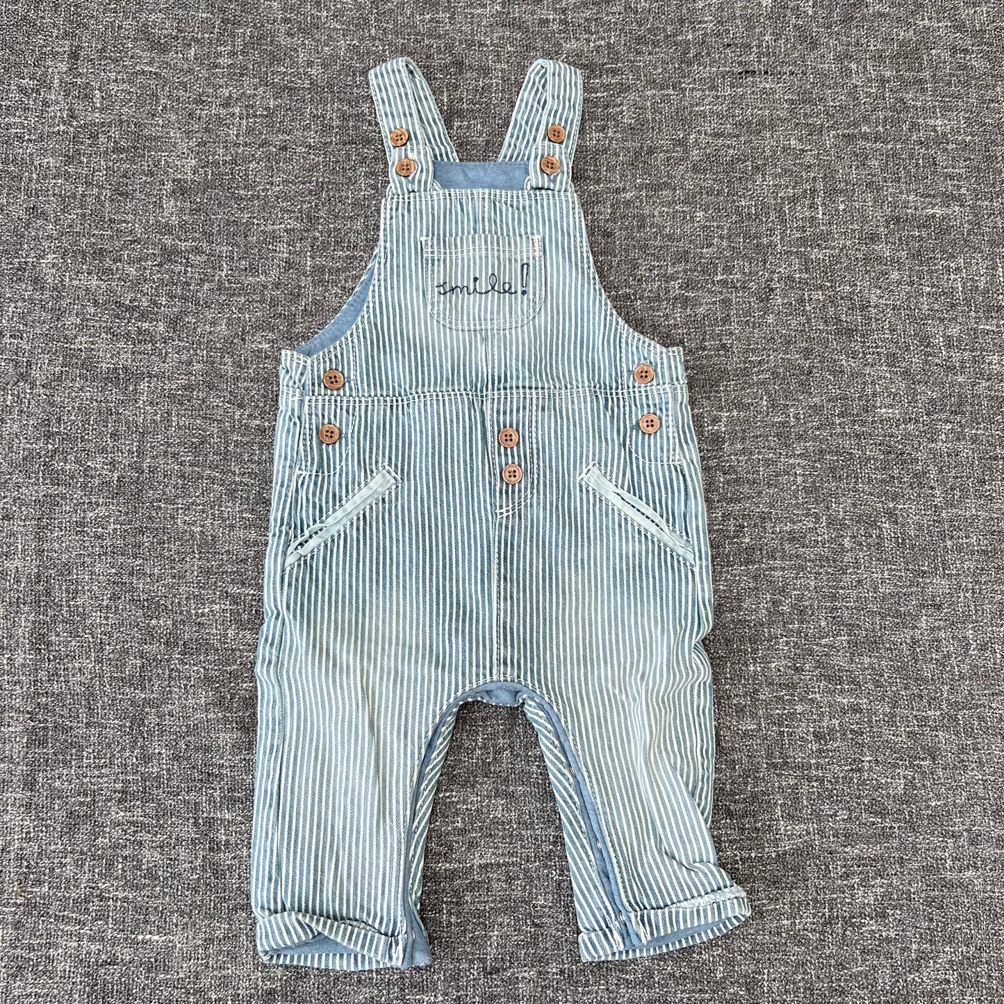 Boys 6-9 Month Blue & White Striped Fully Lined "Smile" Dungarees