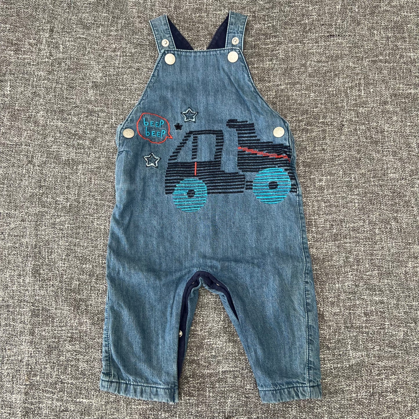 Boys 6-9 Month Blue Denim Fully Lined "Beep Beep' Truck Dungarees