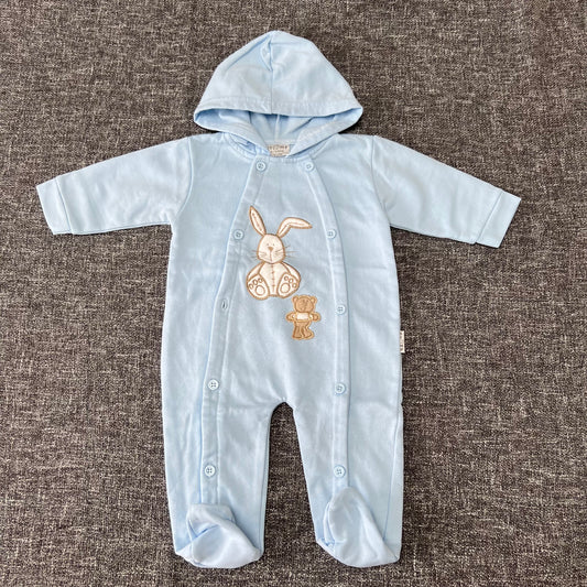 Boys 6-9 Month Light Blue Hooded Romper With Appliquéd Rabbit & Teddy