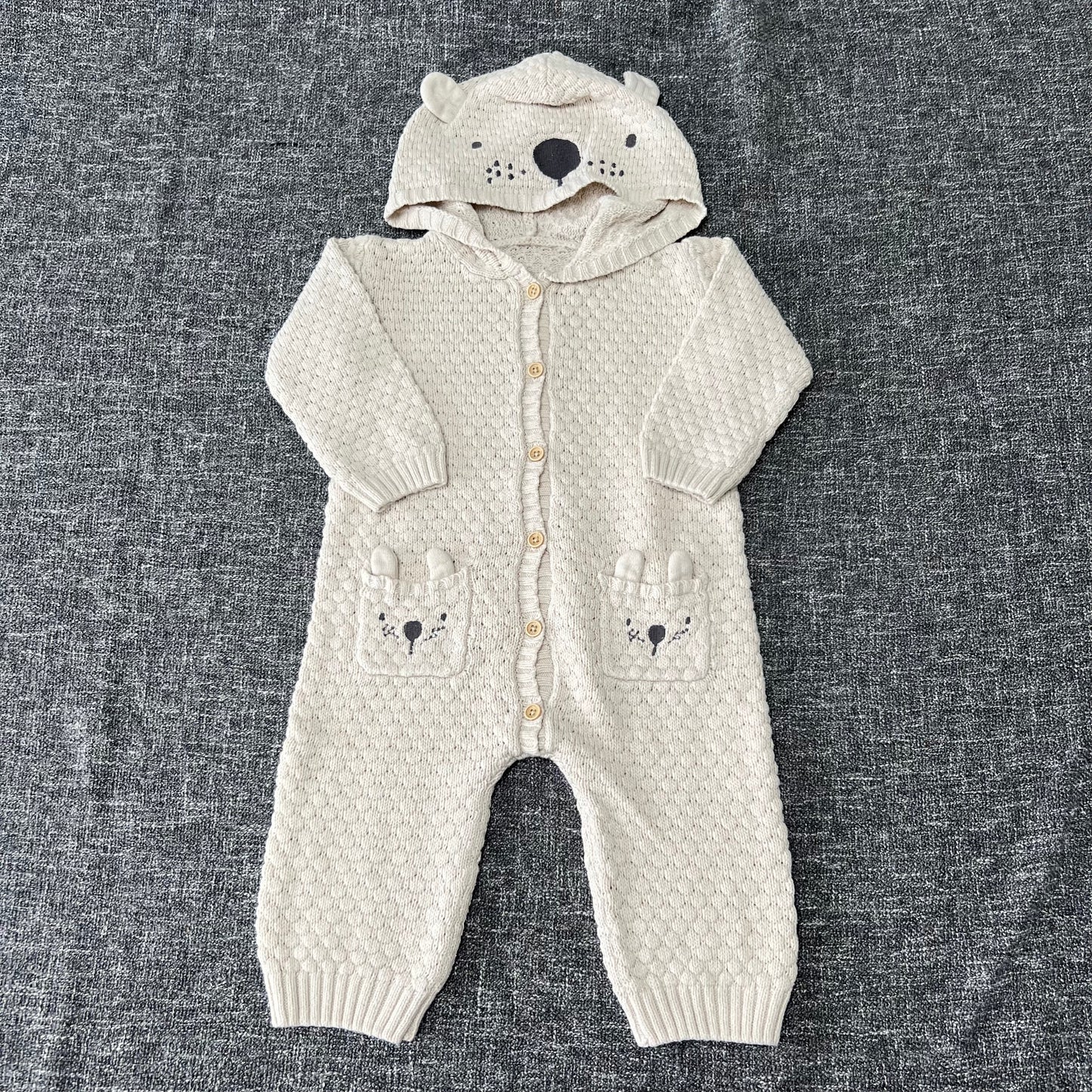 Boys 6-9 Month Beige Knitted Bear Romper With Hood