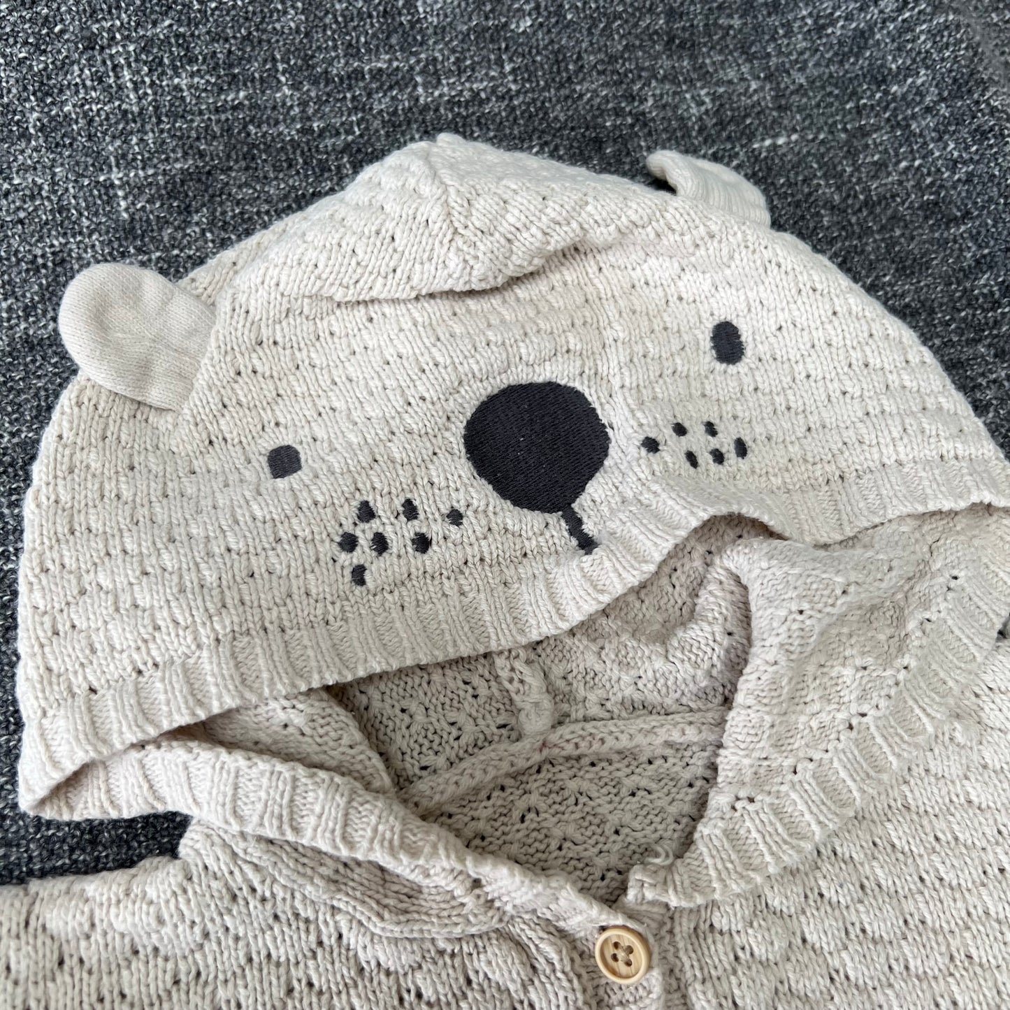 Boys 6-9 Month Beige Knitted Bear Romper With Hood