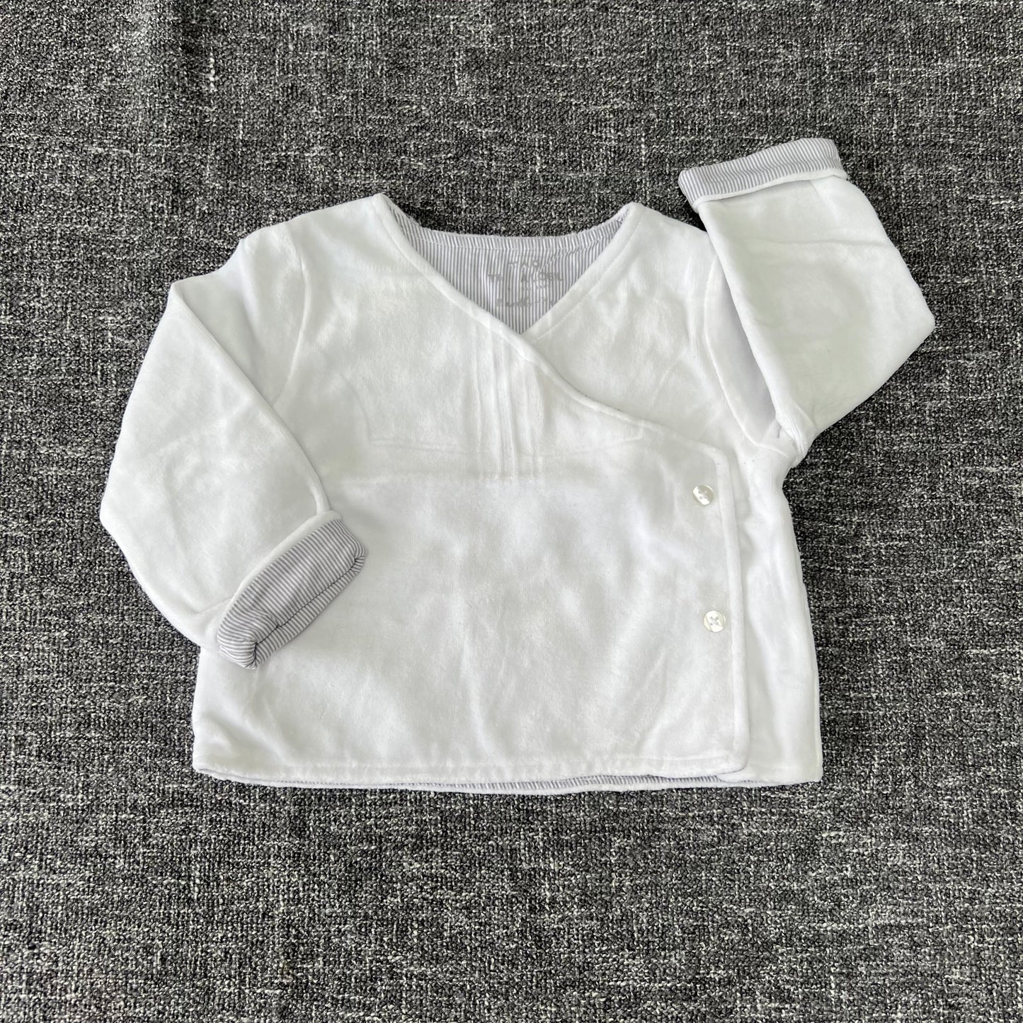 Boys 6-9 Month White Velour Cardigan With Grey & White Striped Lining