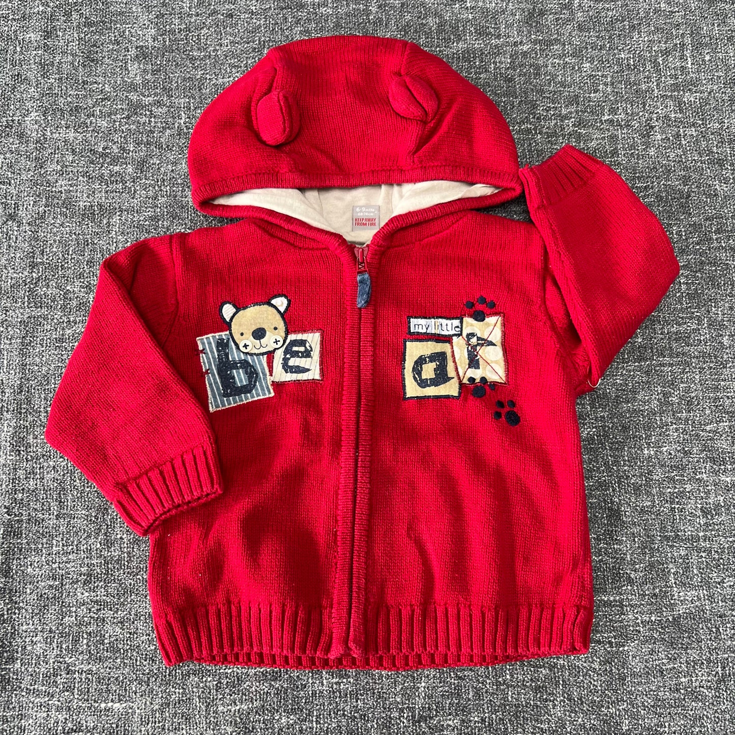 Boys 6-9 Month Red " My Little Bear" Knitted Zip Up Hoodie